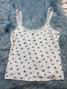 SKIMS Soft Lounge Ribbed Lace Cami in Blue Garden Print Sz L